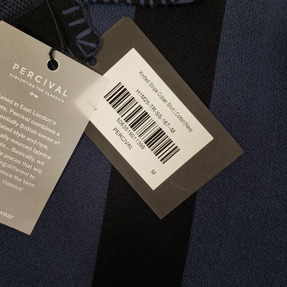 New! Percival Knitted Stripe Cuban Shirt Mens Medium Blue Black Camp Summer - Picture 6 of 6